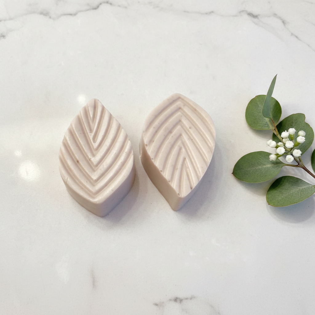 Handcrafted French Green Clay Travel and Gift size Facial Bars on white marble with fresh botanicals — The Clay Collection | Handcrafted Soaps by SynEb