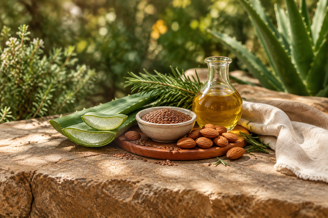 Aloe leaves, rosemary, flaxseeds, almonds, and golden oil arranged on a sunlit stone ledge in a botanical garden.