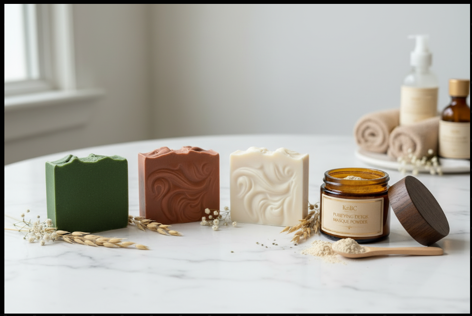 Three handcrafted clay soap bars — green, terracotta, and ivory — alongside the KnBC Purifying Detox Masque Powder jar on a marble surface. The Clay Collection by SynEb.