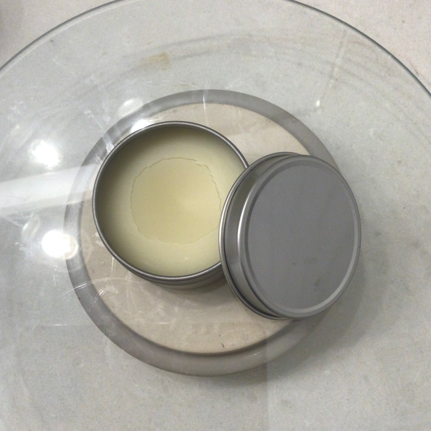 Handcrafted Soaps by SynEb Hand & Skin Armor 2oz tin open showing cream balm texture
