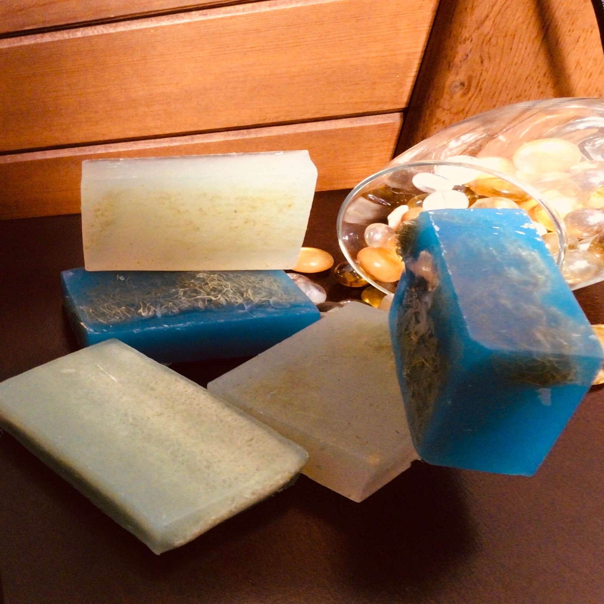 Handmade Organic Exfoliating Glycerin Soap with embedded loofah fruit or exfoliating cloth to gently smooth and refine skin