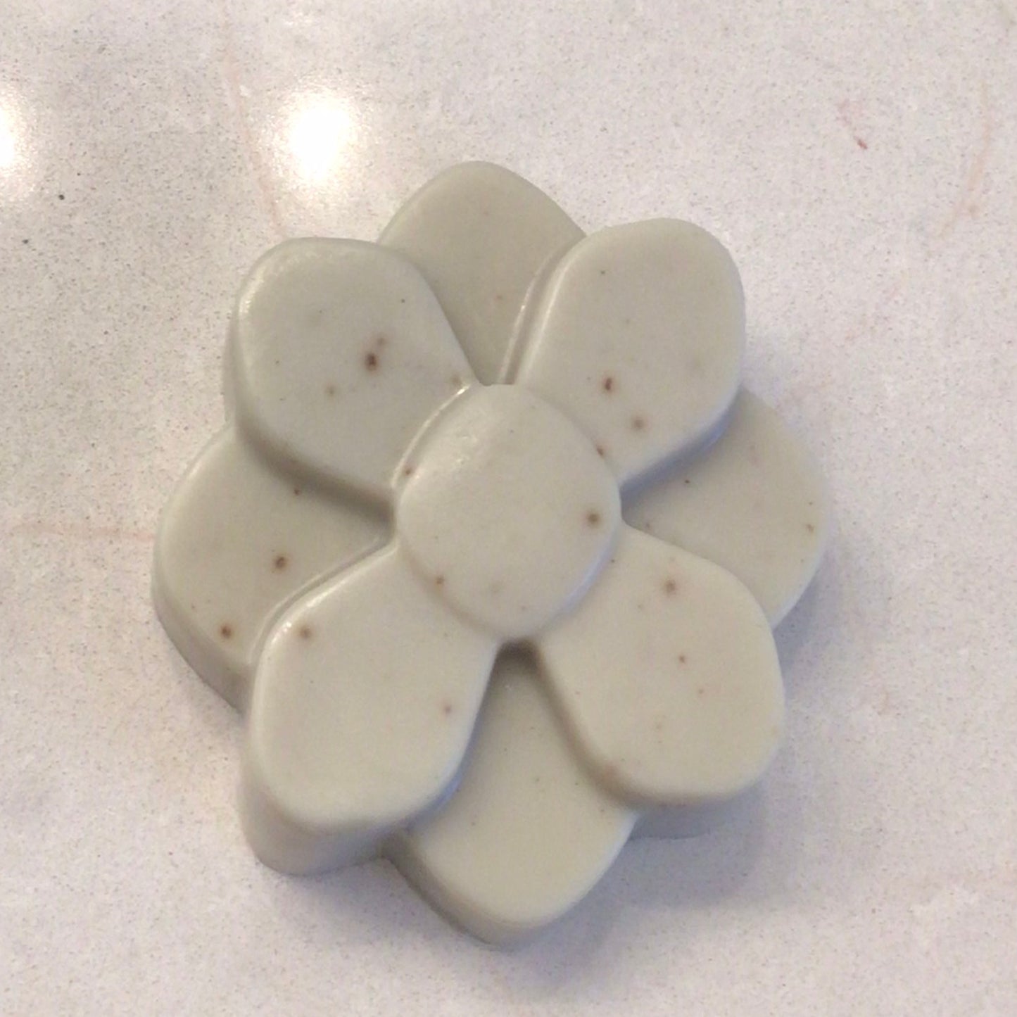 5 broad rounded petals with a raised center, flat and open
