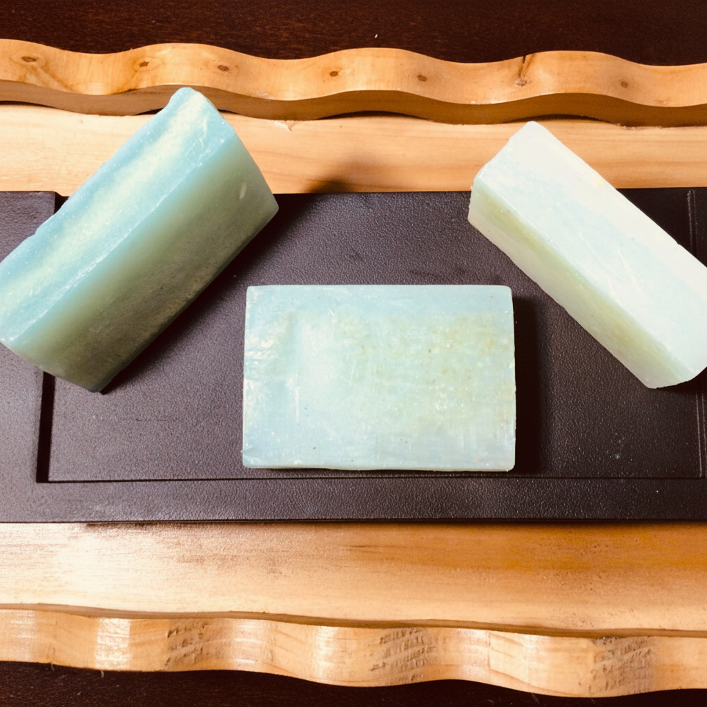 Three Handcrafted Soaps by SynEb Exfoliating Bars on a dark slate tray — loofah fruit soap in assorted scents
