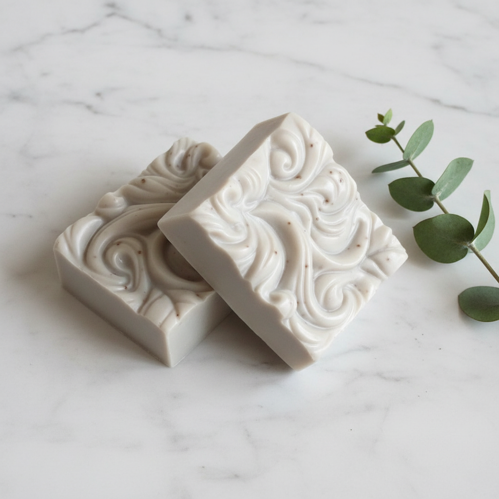 Handcrafted French Green Clay Facial Bar pair on white marble with fresh botanicals — The Clay Collection | Handcrafted Soaps by SynEb