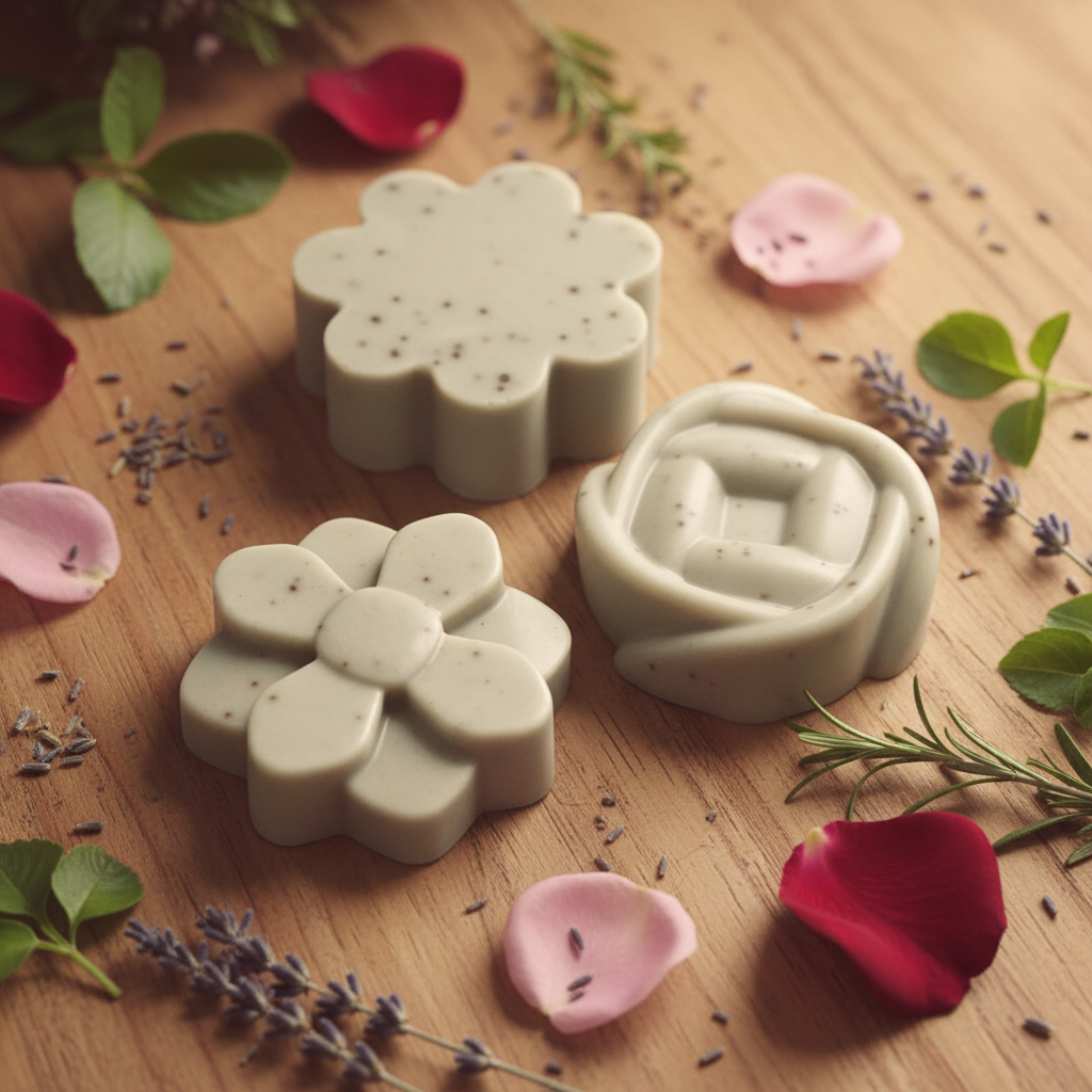 Handcrafted French Green Clay flower-shaped Facial Bars collection with fresh botanicals on warm wood — The Clay Collection | Handcrafted Soaps by SynEb