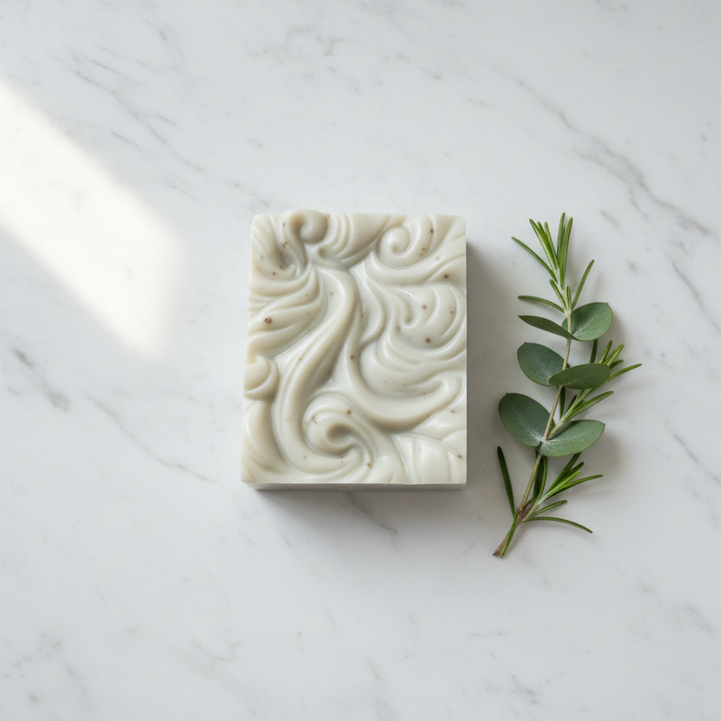 Handcrafted French Green Clay Facial Bar on white marble with fresh botanicals — The Clay Collection | Handcrafted Soaps by SynEb