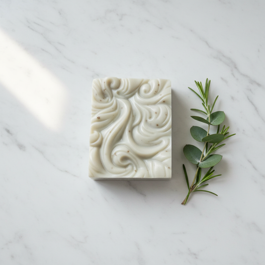 Handcrafted French Green Clay Facial Bar on white marble with fresh botanicals — The Clay Collection | Handcrafted Soaps by SynEb