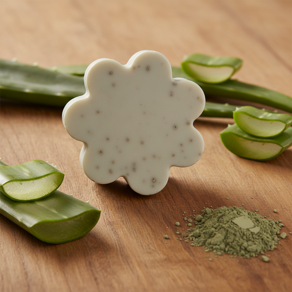 Handcrafted French Green Clay flower-shaped Facial Bar with fresh aloe on warm wood — The Clay Collection | Handcrafted Soaps by SynEb