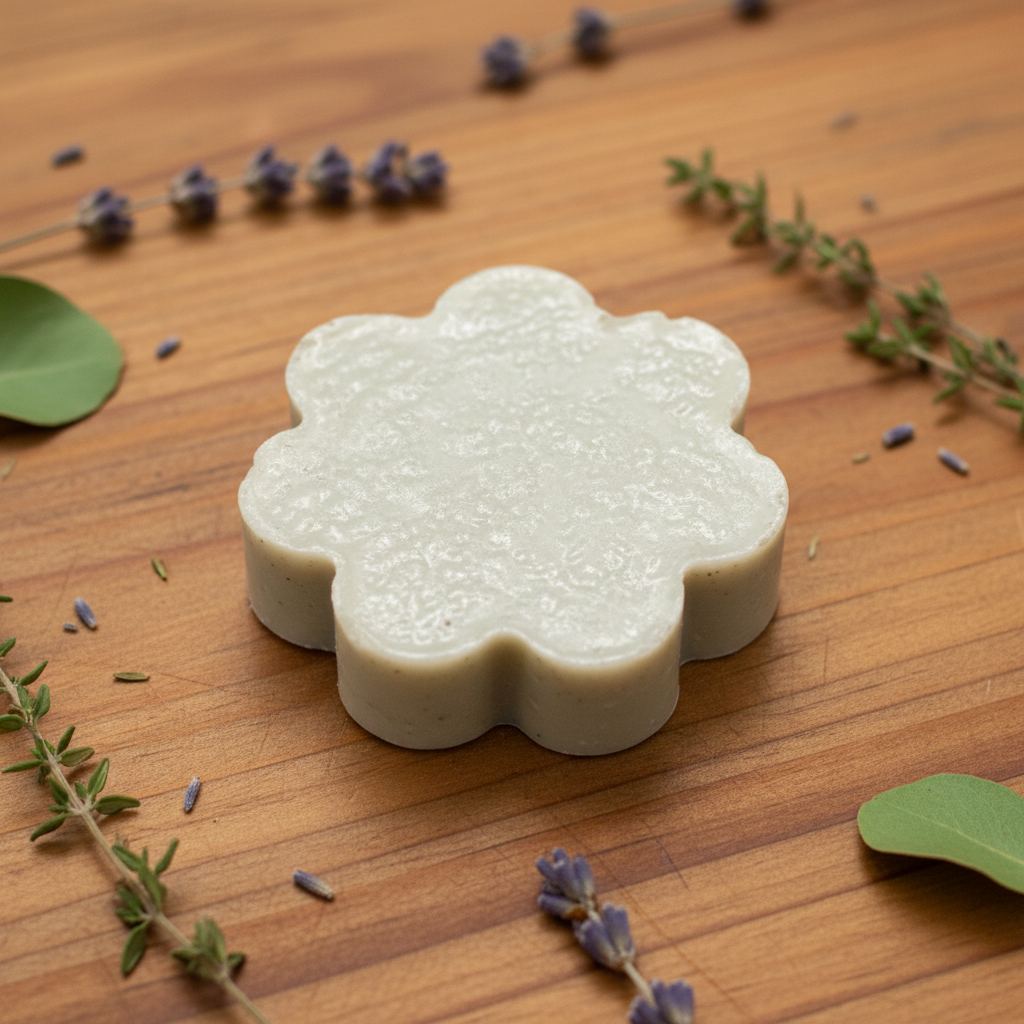 Handcrafted French Green Clay flower-shaped Facial Bar detail view on warm wood — The Clay Collection | Handcrafted Soaps by SynEb