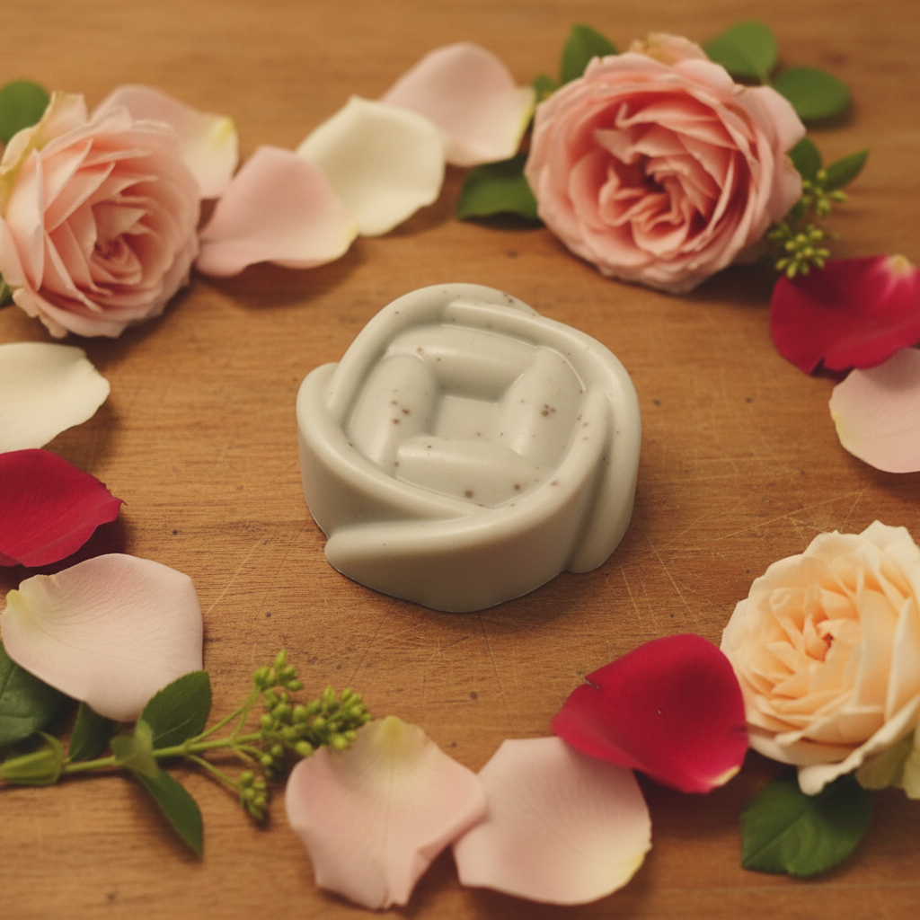 Handcrafted French Green Clay rose flower-shaped Facial Bar with fresh rose petals on warm wood — The Clay Collection | Handcrafted Soaps by SynEb