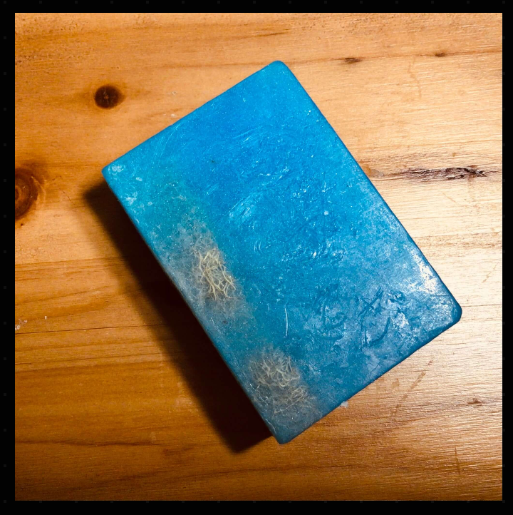 Top-down view of Handcrafted Soaps by SynEb Embedded Organic Exfoliating Bar showing loofah fruit texture on natural wood